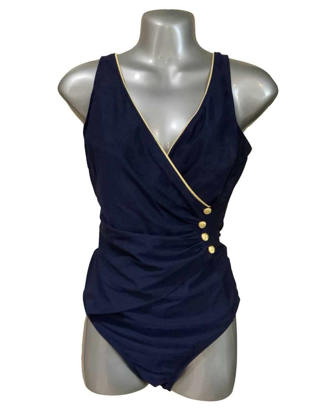 Robby Len One Piece Swimsuit Navy Gold Trim Woman’s Size 14T